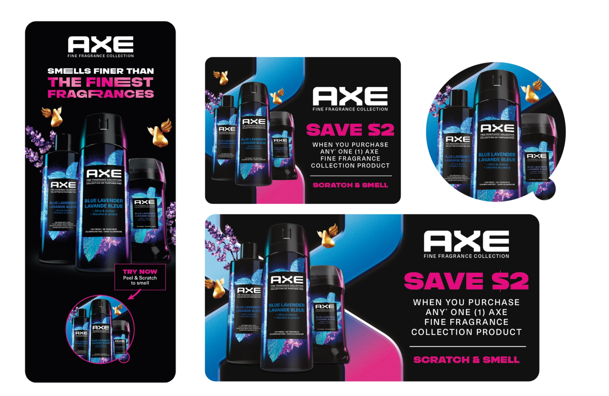 AXE Fine Fragrance campaign layout showing the tall display, coupon, circular element, and horizontal promotional execution
